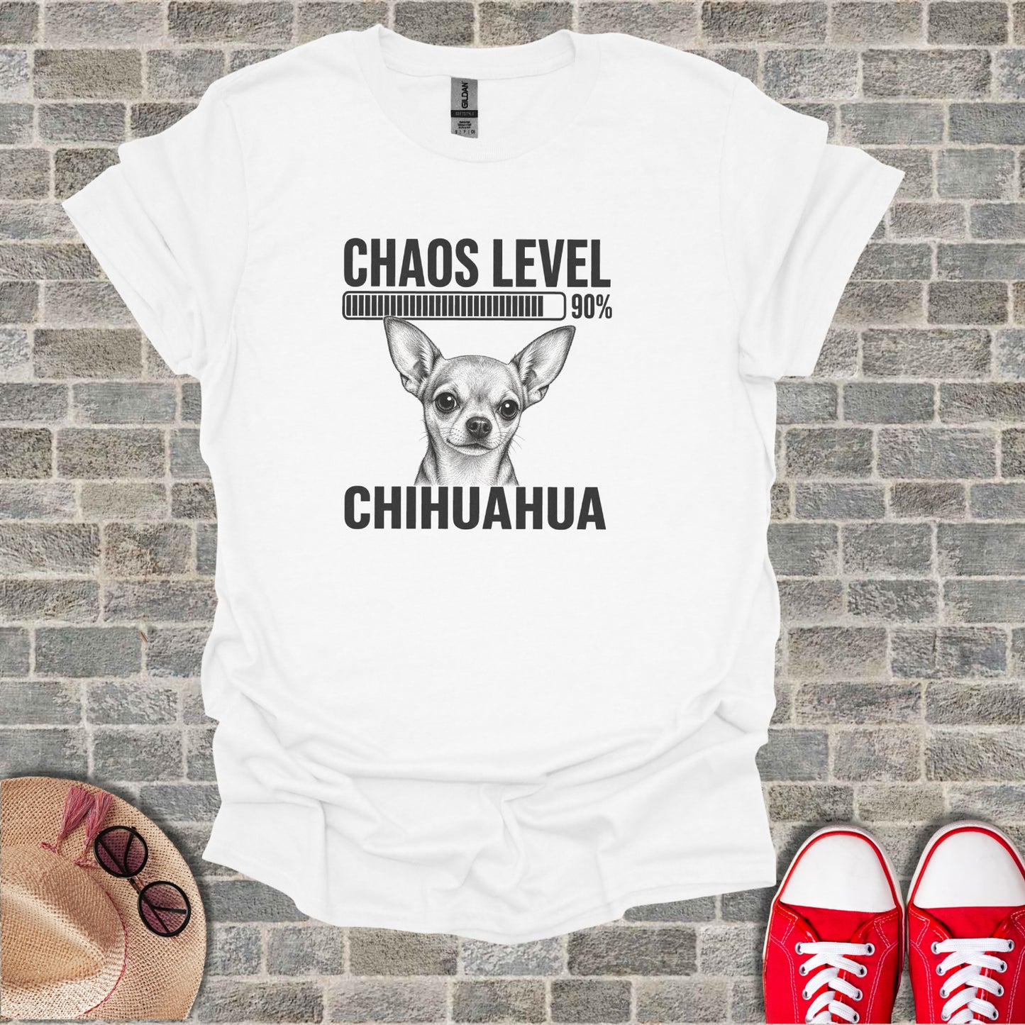 T-shirt with a Chihuahua portrait and "CHAOS LEVEL 90%" text.