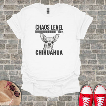 T-shirt with a Chihuahua portrait and "CHAOS LEVEL 90%" text.