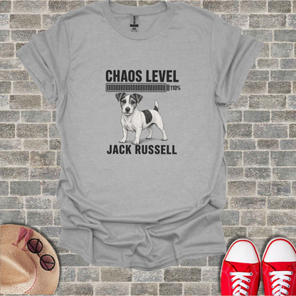 Gray t-shirt with Jack Russell illustration and "Chaos Level 110%" text.