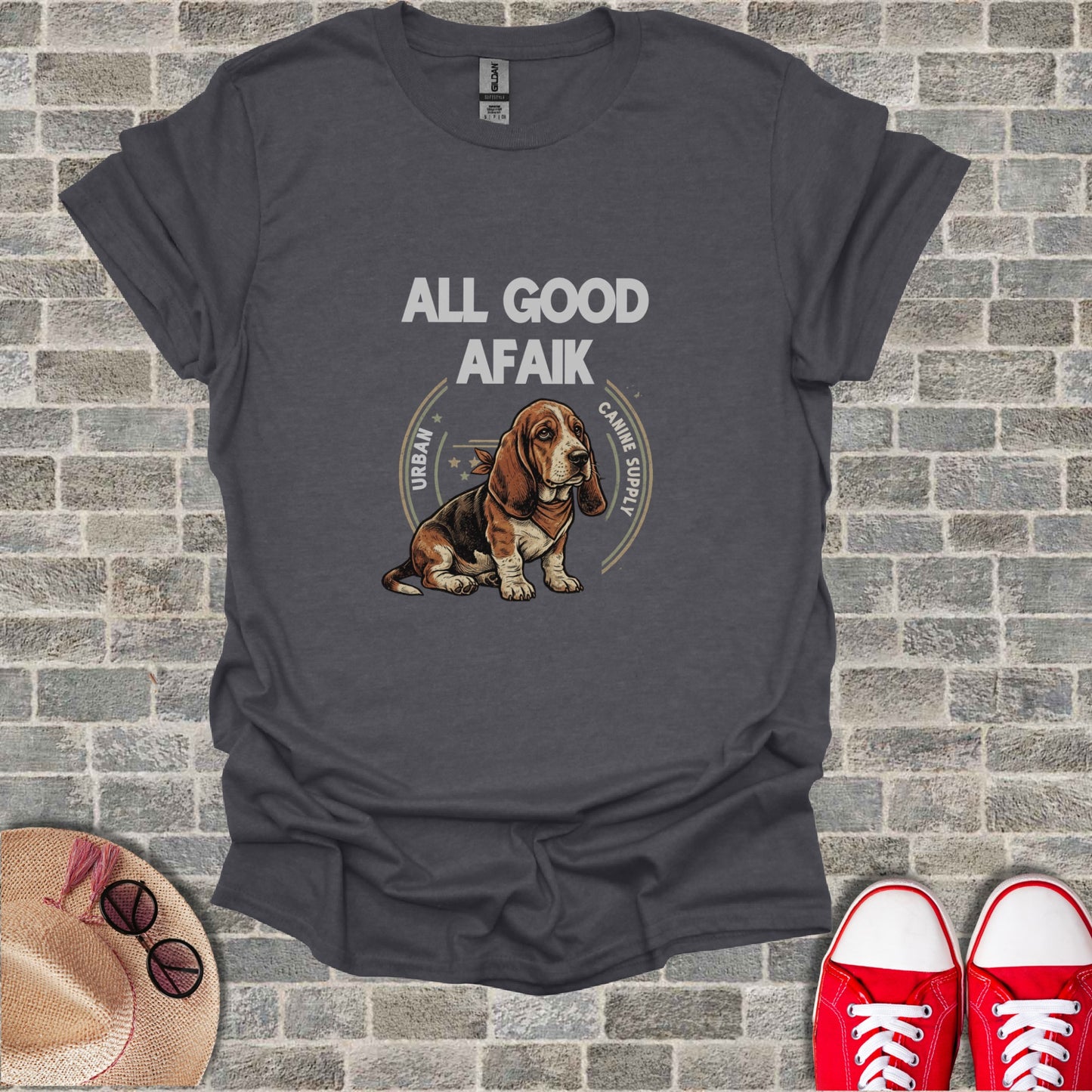 Charcoal t-shirt with "ALL GOOD AFAIK" and a basset hound graphic.