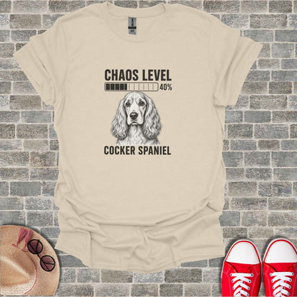 T-shirt with Cocker Spaniel drawing and "Chaos Level 40%" text.