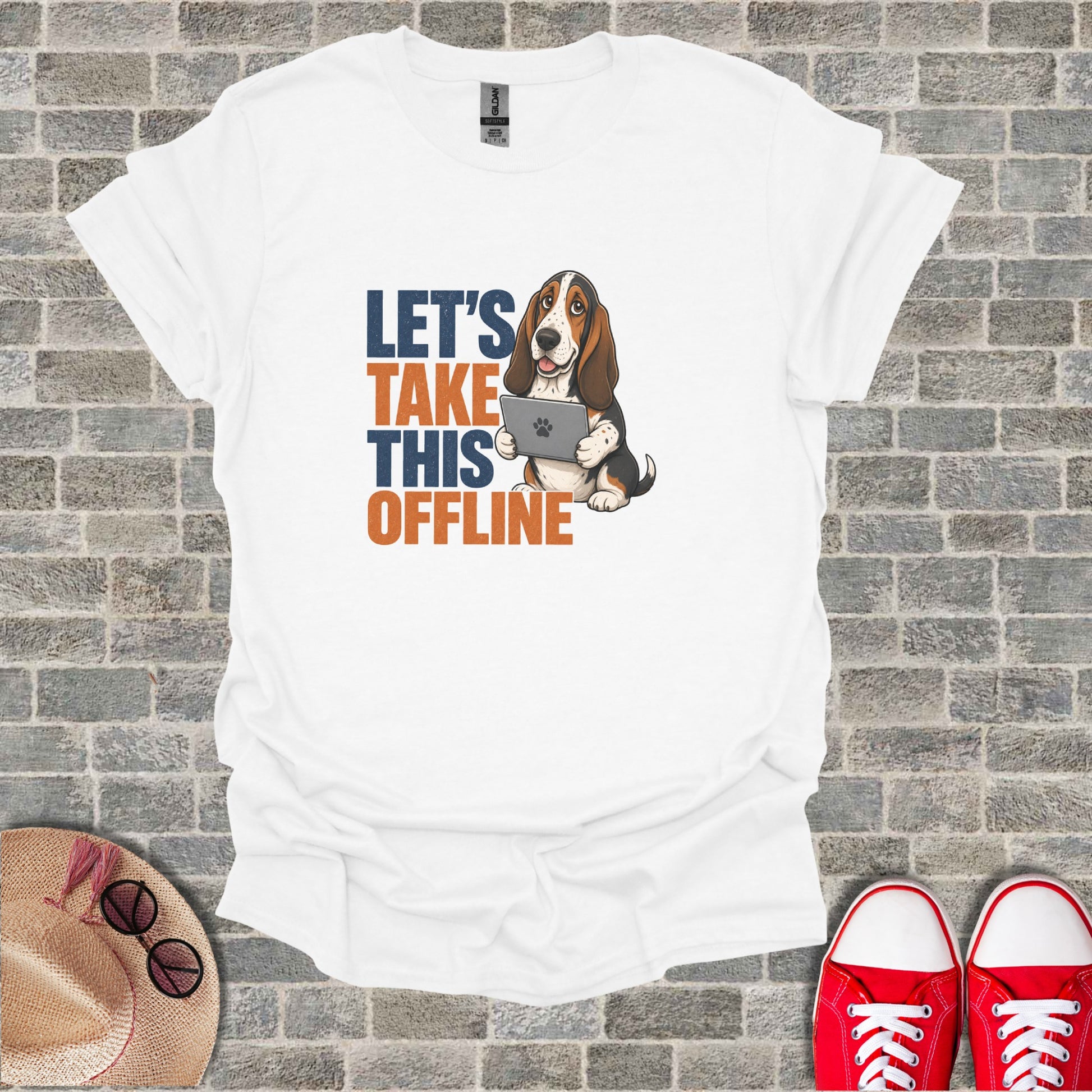 White t-shirt with a cartoon dog holding a tablet and the text "Let's Take This Offline".