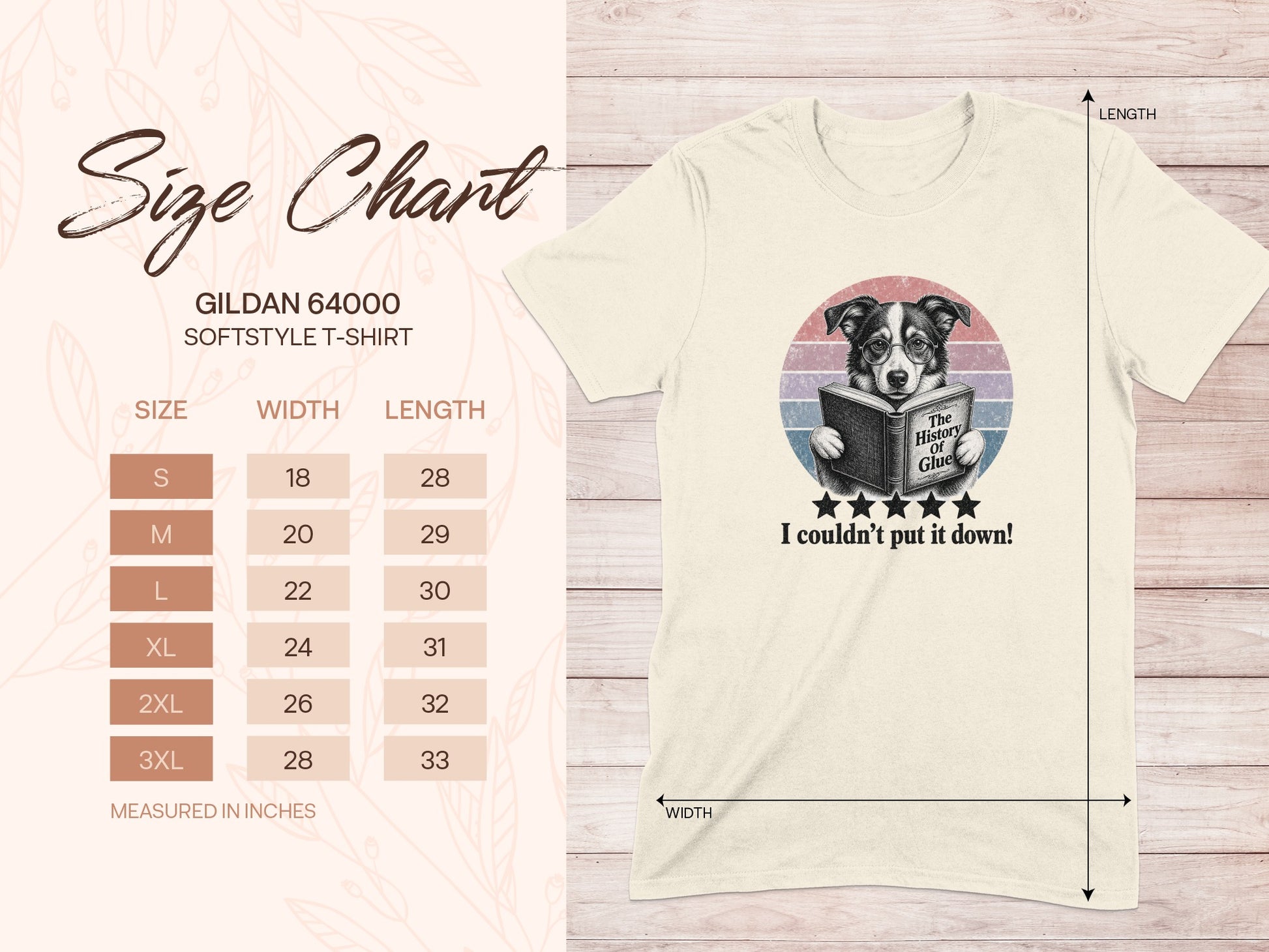 Gildan 64000 T-shirt size chart with dog reading a book.