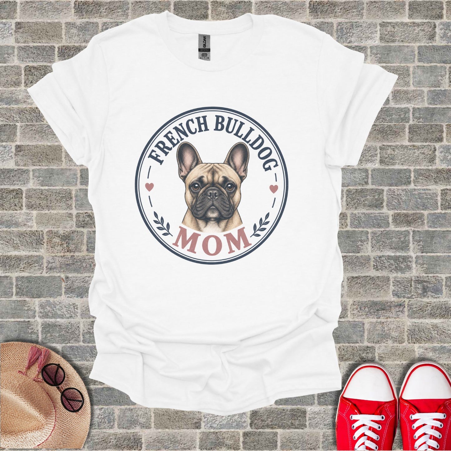 White t-shirt with French Bulldog Mom graphic in circular design.