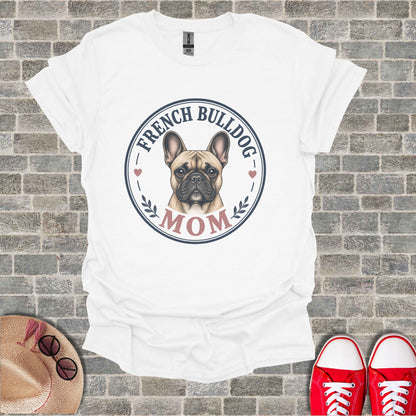 White t-shirt with French Bulldog Mom graphic in circular design.