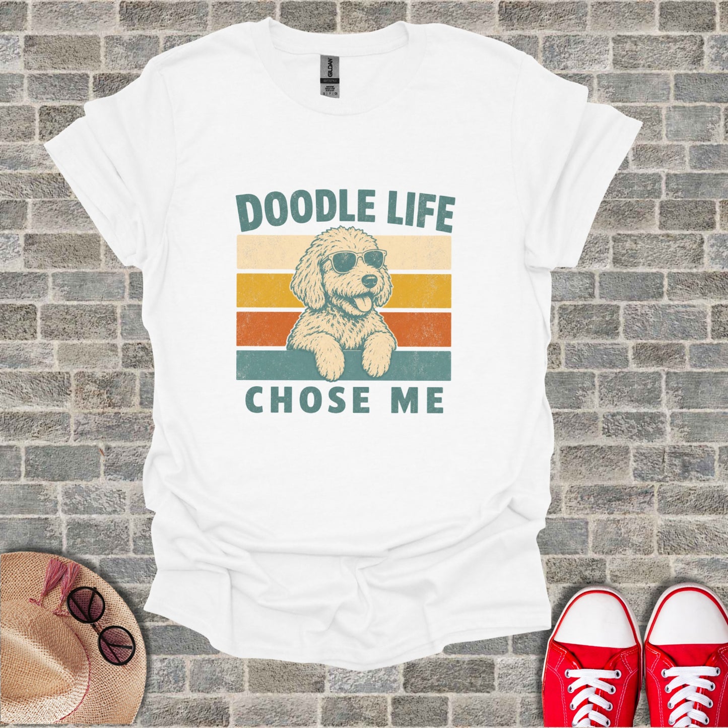White t-shirt with vintage style graphic of a doodle dog and text "Doodle Life Chose Me".