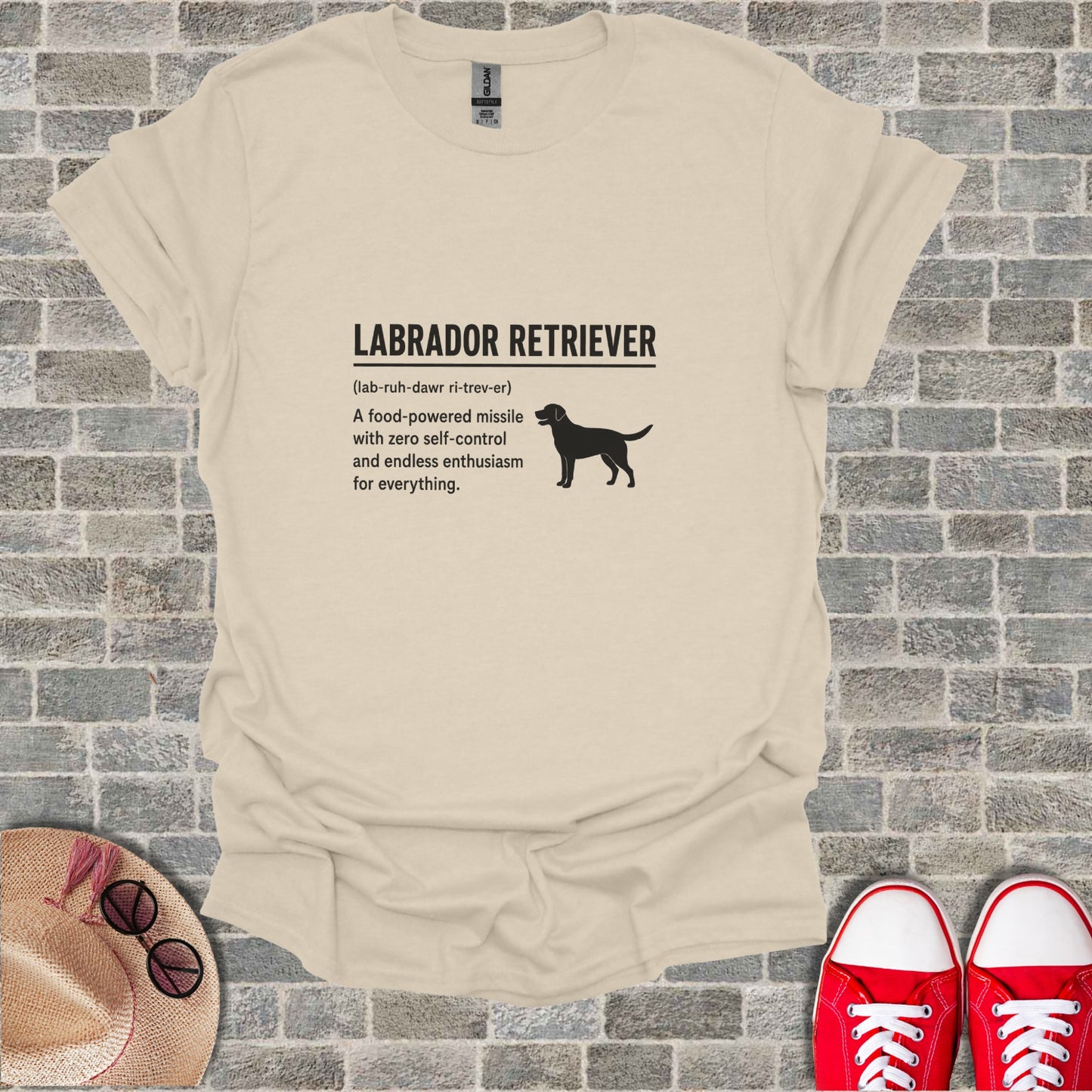 Labrador Retriever t-shirt with humorous description and silhouette.