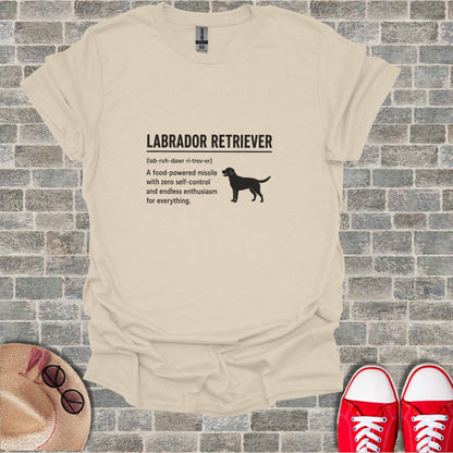 Labrador Retriever t-shirt with humorous description and silhouette.