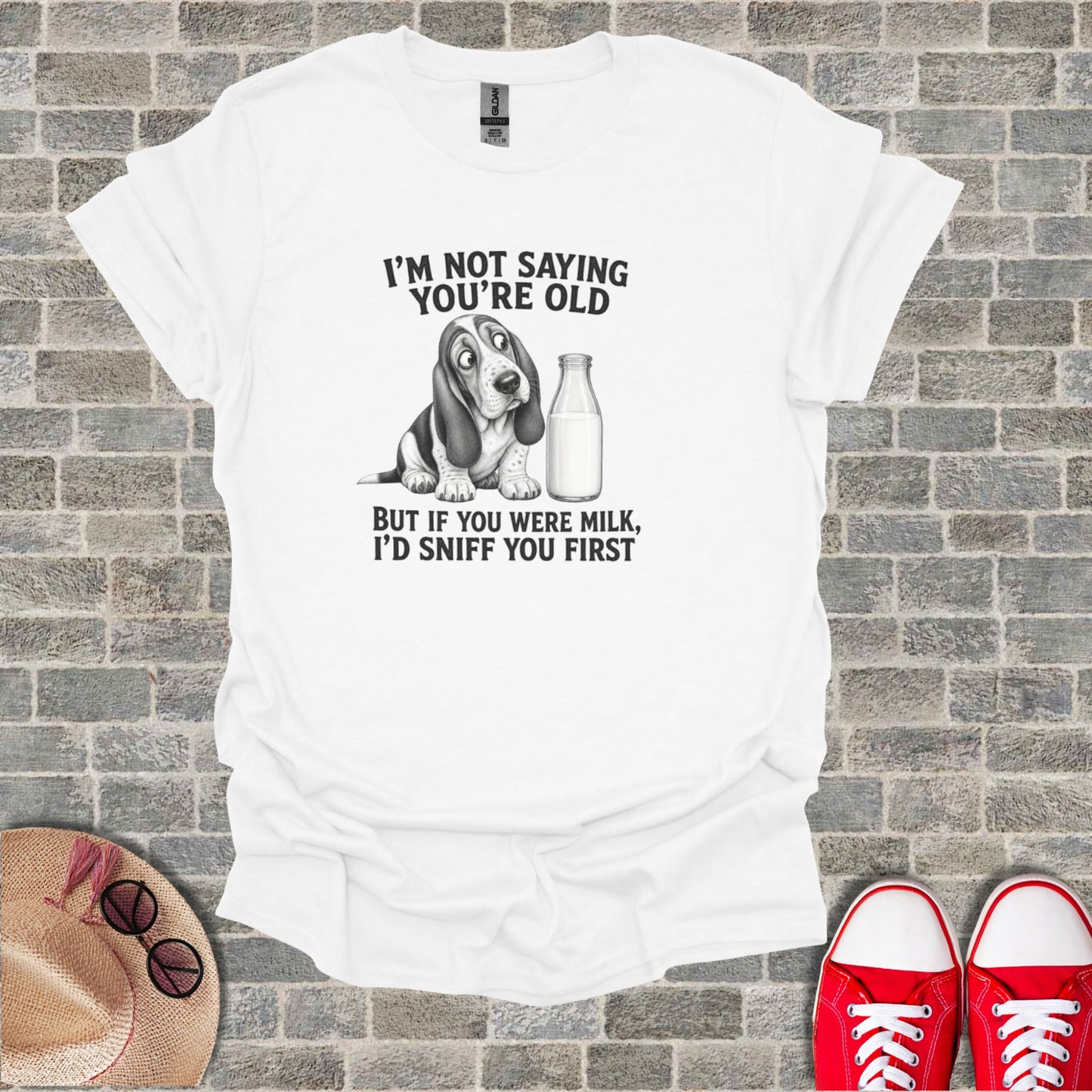 T-shirt with a basset hound and "I'd sniff you first" text.