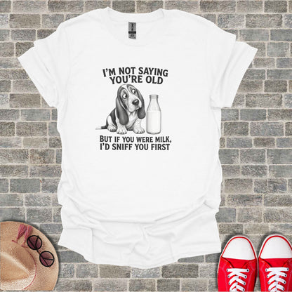 T-shirt with a basset hound and "I'd sniff you first" text.