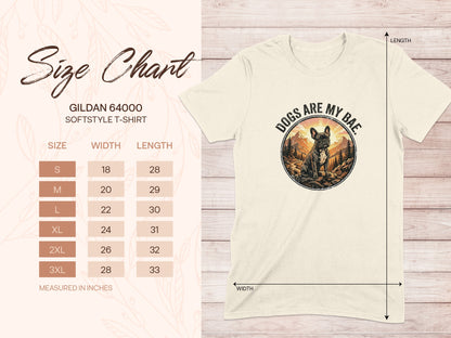 Cream t-shirt with "Dogs Are My Bae" graphic and Gildan size chart.