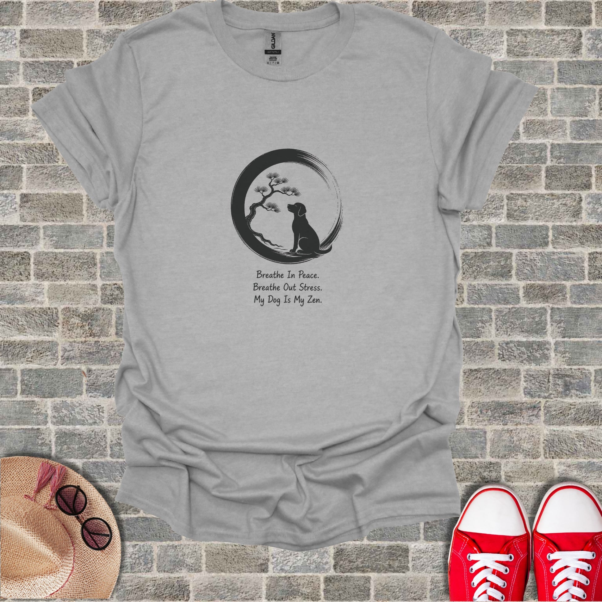 Gray t-shirt with dog, tree, and text "Breathe In Peace. Breathe Out Stress. My Dog Is My Zen."