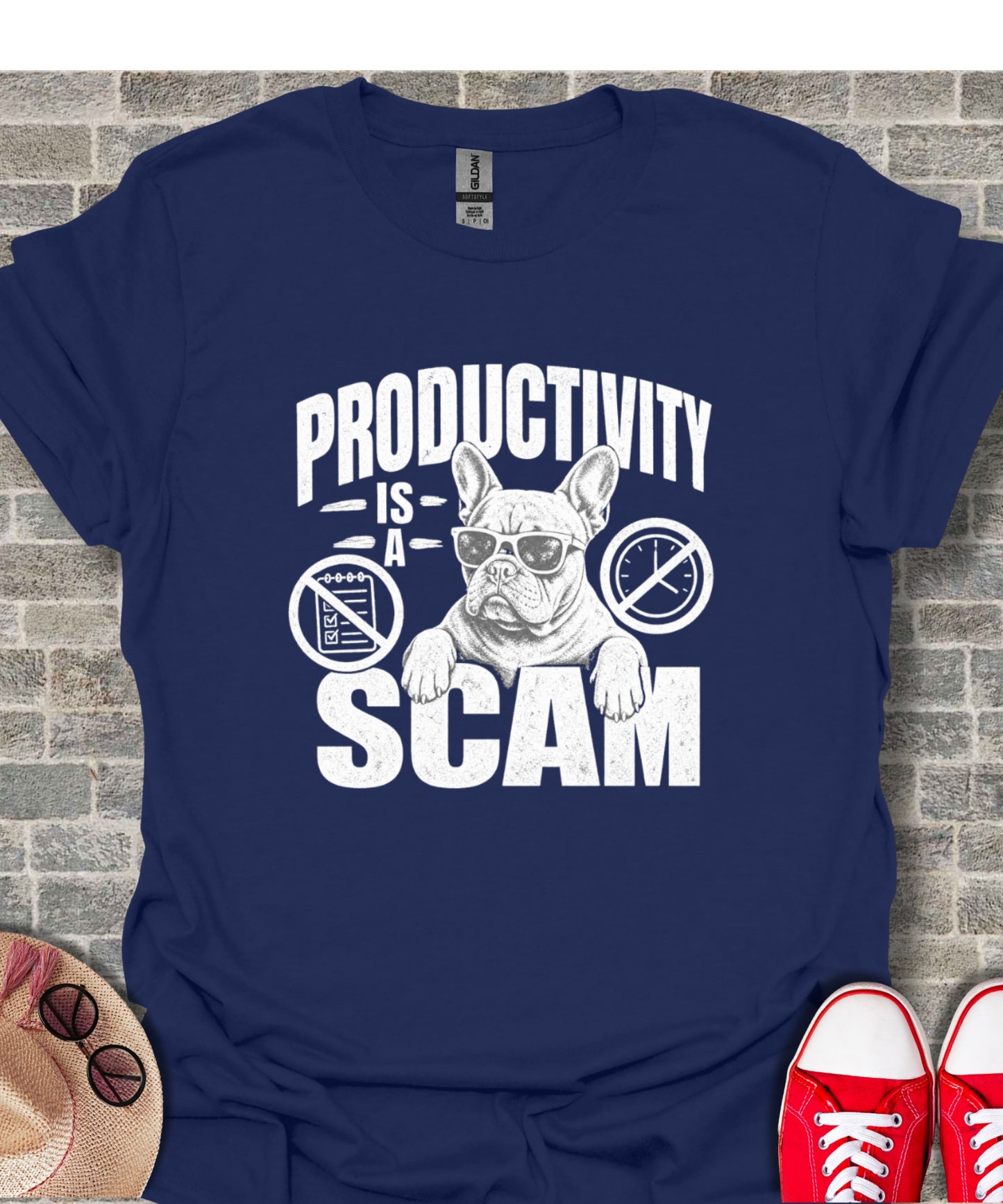 French bulldog wearing sunglasses with "PRODUCTIVITY IS A SCAM" text.