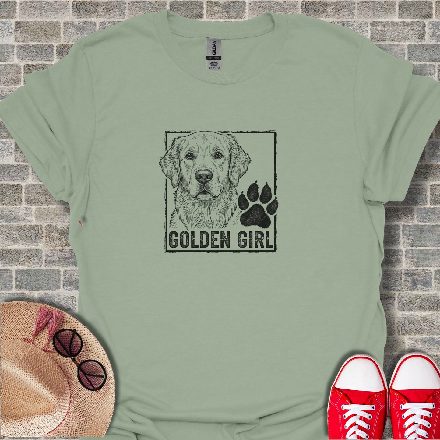 Light green t-shirt with "Golden Girl" text and golden retriever sketch.