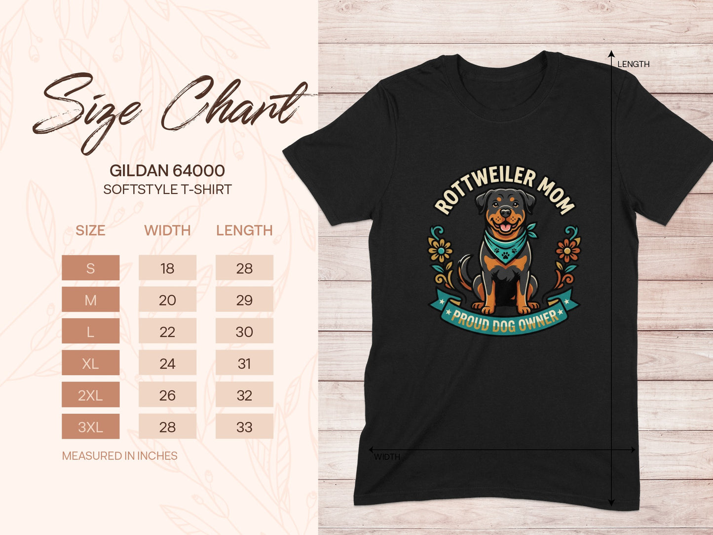 Gildan 64000 t-shirt size chart for Rottweiler Mom graphic tee.