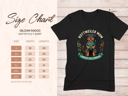 Gildan 64000 t-shirt size chart for Rottweiler Mom graphic tee.