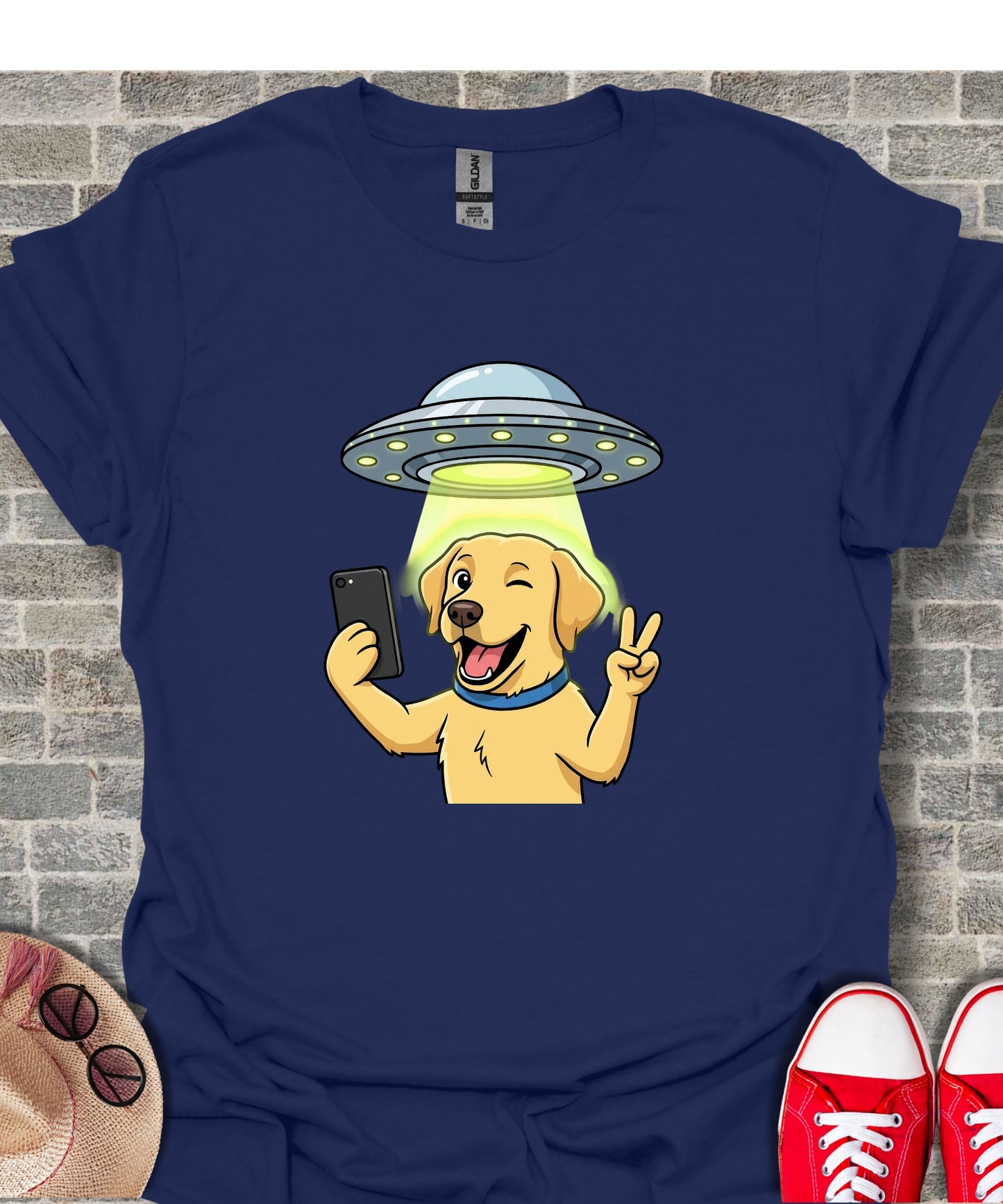 Dog Taking Selfie with UFO Winking Gesture T-Shirt