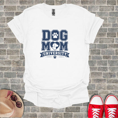 White t-shirt with "Dog Mom University" text and heart paw print design.