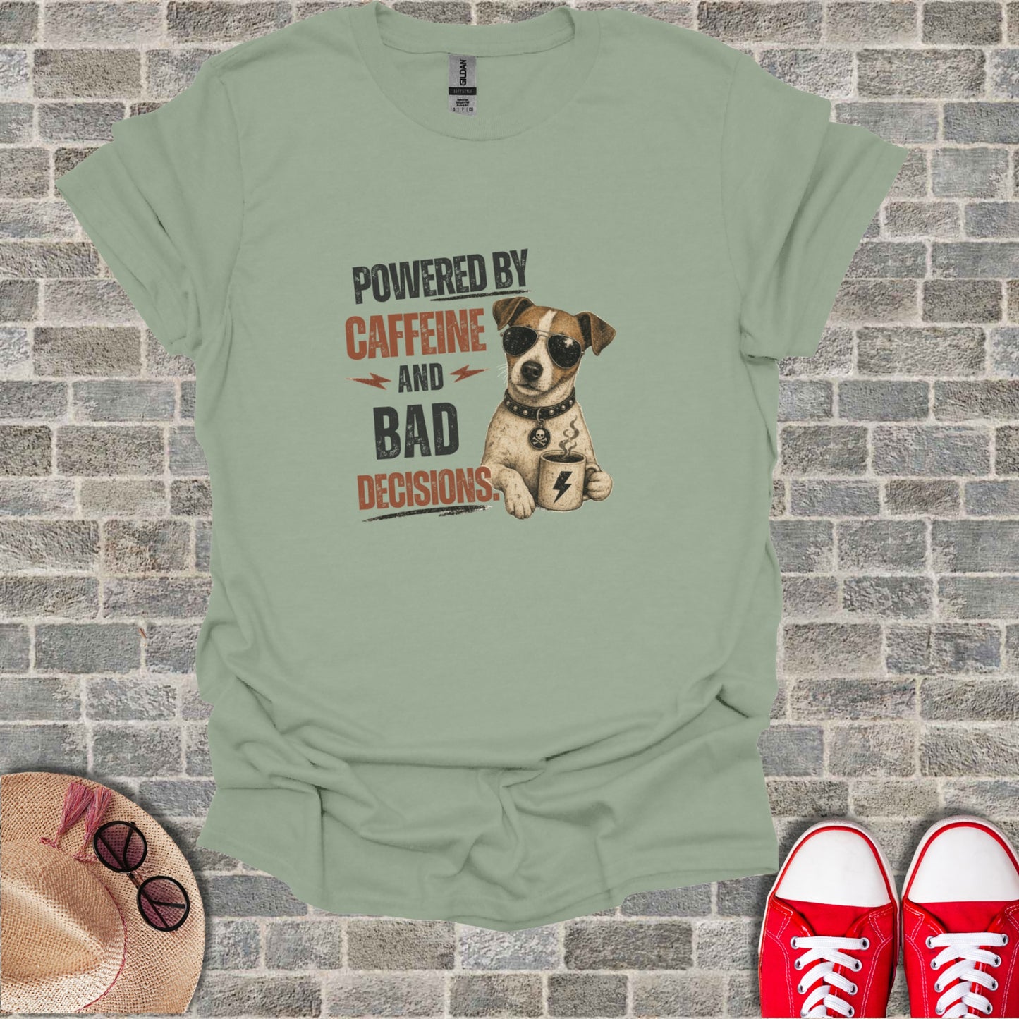 T-shirt with a dog, coffee cup, and text "POWERED BY CAFFEINE AND BAD DECISIONS".