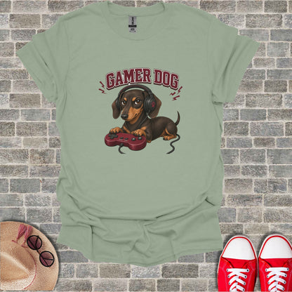 Dog wearing headphones and holding a video game controller.