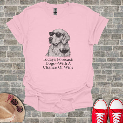 Pink t-shirt with a sketch of a dog wearing sunglasses holding a wine glass.