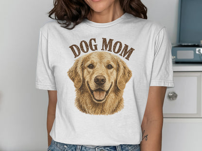 White t-shirt with "DOG MOM" and golden retriever graphic.