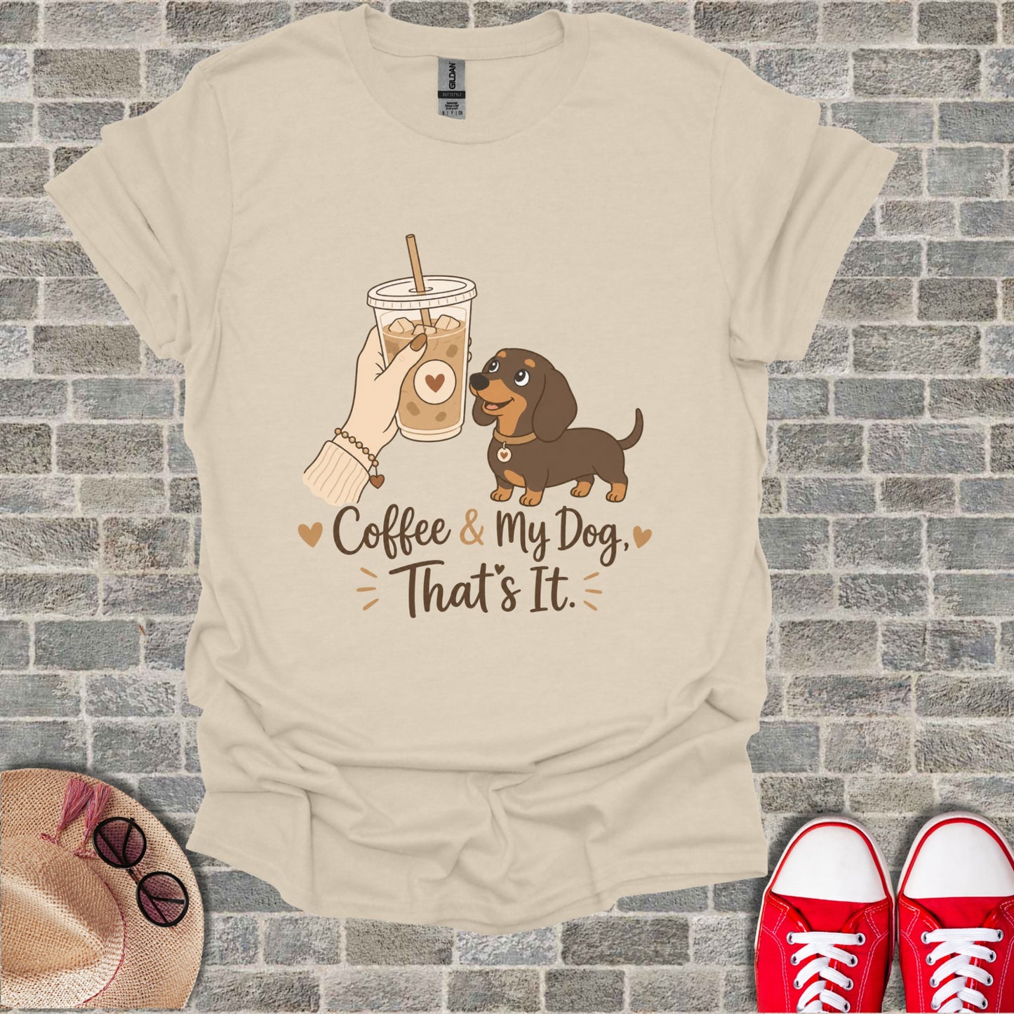 Cream t-shirt with dachshund and coffee cup graphic reading "Coffee & My Dog, That's It."