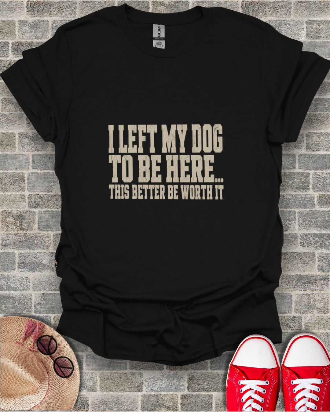 Black t-shirt with "I LEFT MY DOG TO BE HERE... THIS BETTER BE WORTH IT" text.
