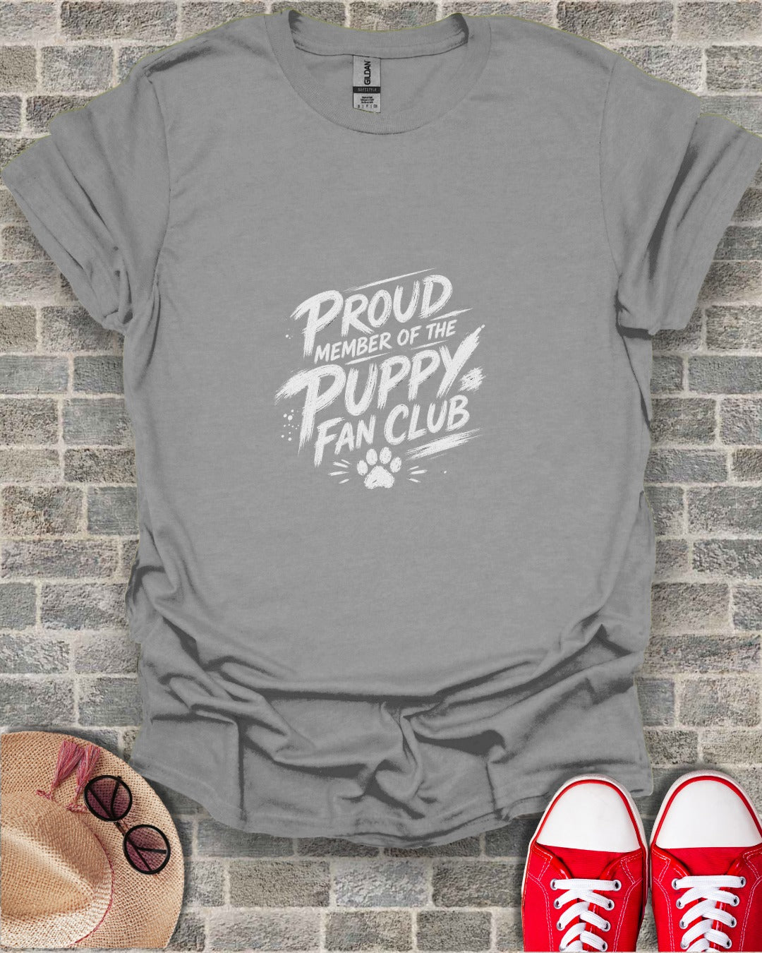 Grey t-shirt with "Proud Member of the Puppy Fan Club" text and paw print graphic.