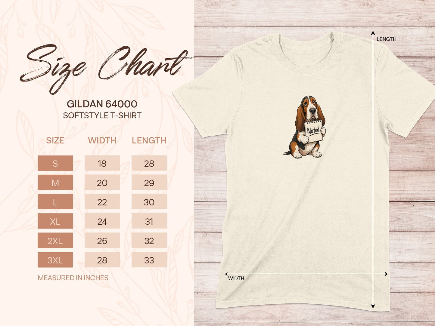 Gildan 64000 softstyle t-shirt size chart with Basset Hound graphic and text "Noted."