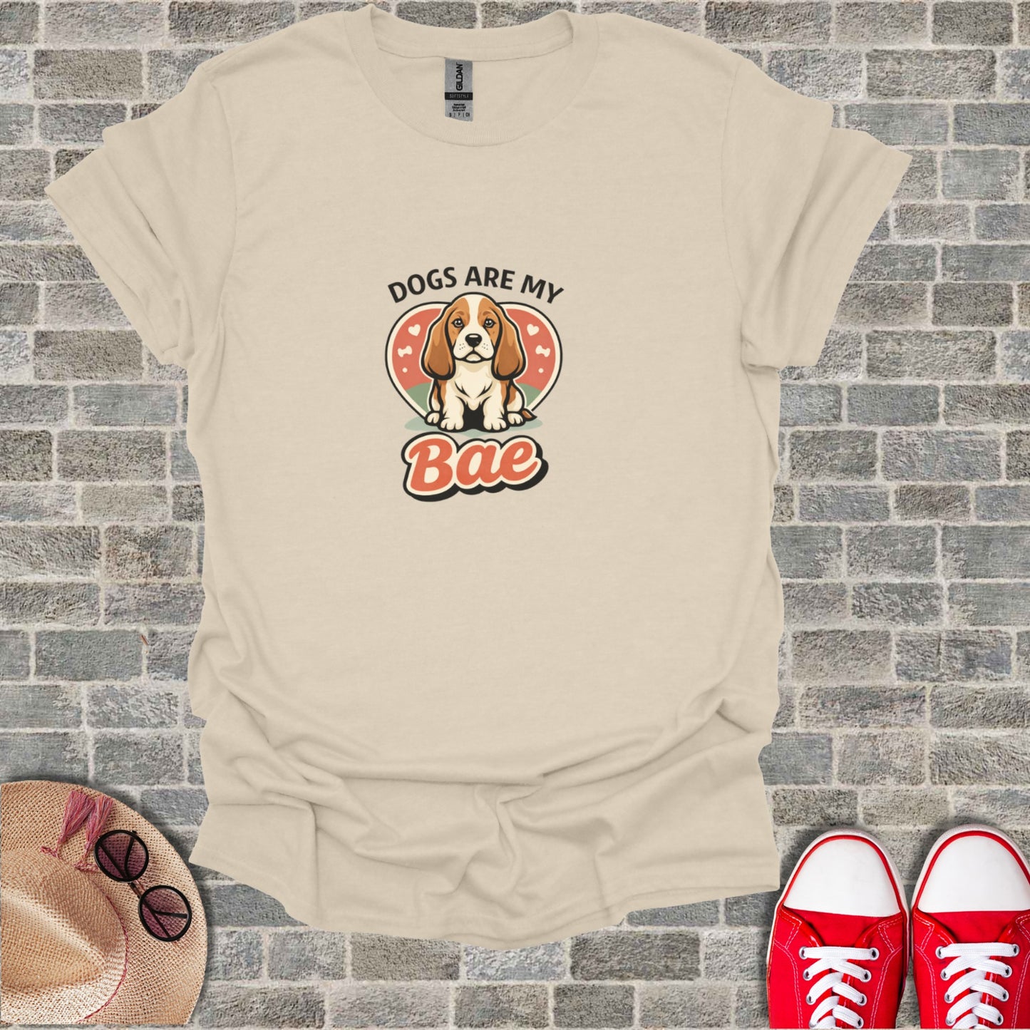 Beagle dog wearing a heart collar with text "DOGS ARE MY BAE".
