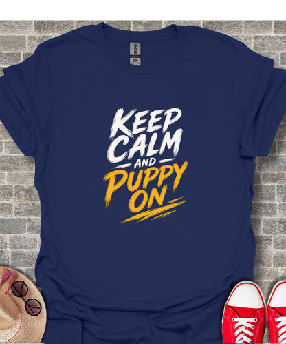 Navy t-shirt with "Keep Calm and Puppy On" in white and yellow text.