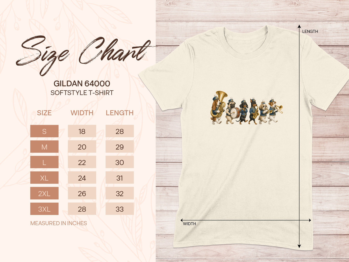 Gildan 64000 softstyle t-shirt size chart with dog band illustration.