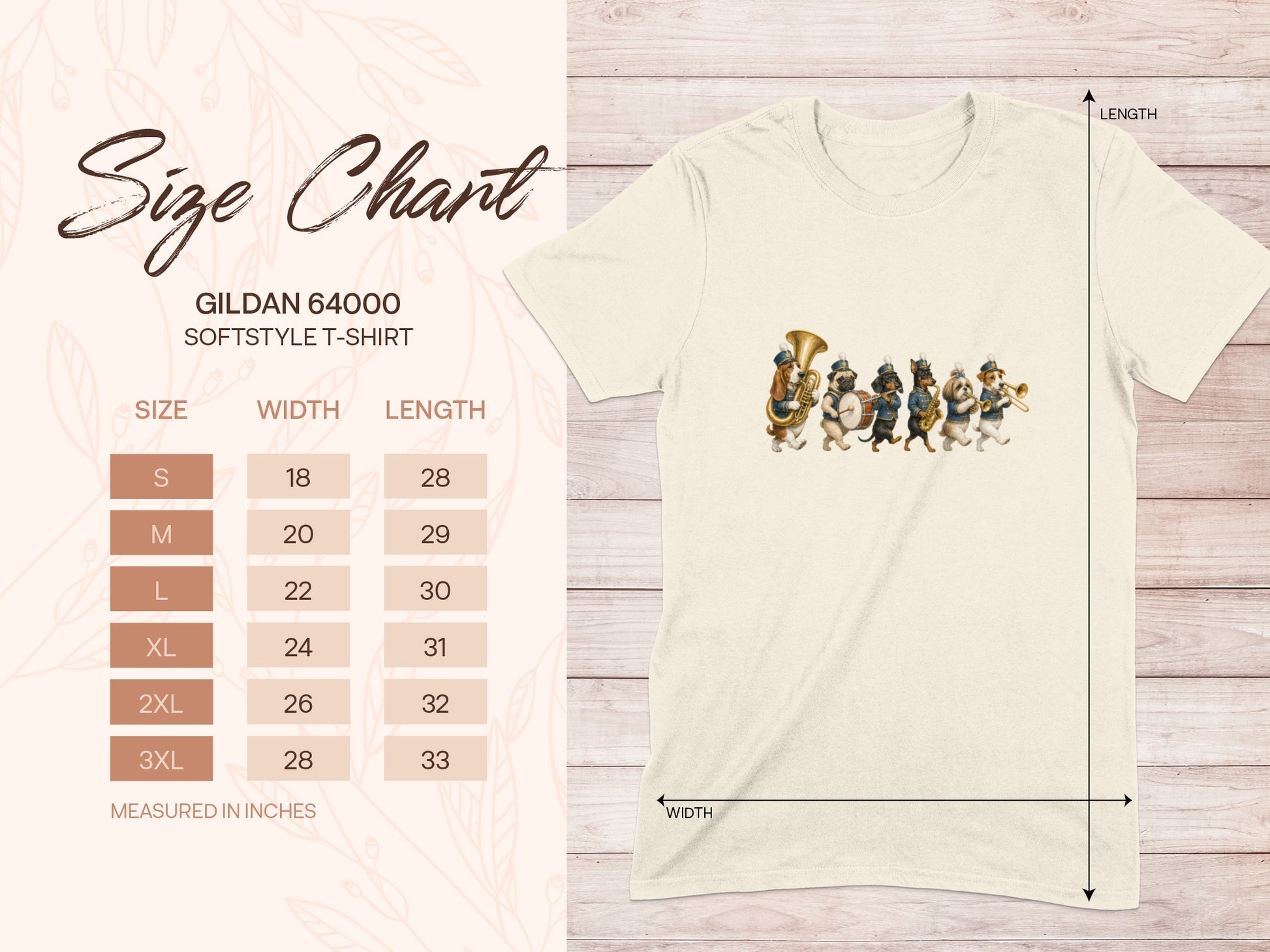 Gildan 64000 softstyle t-shirt size chart with dog band illustration.