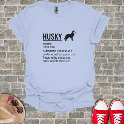 Light blue t-shirt with black text: "HUSKY" and a dog silhouette, plus a humorous definition.