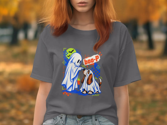 Ghost and dog dressed as ghosts with "boo-P" text on gray t-shirt.
