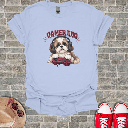 Light blue t-shirt with cartoon gamer dog holding a video game controller.