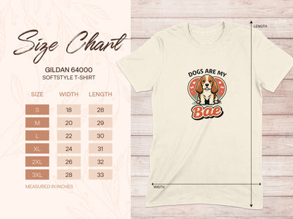 Gildan 64000 t-shirt size chart and "Dogs Are My Bae" graphic.