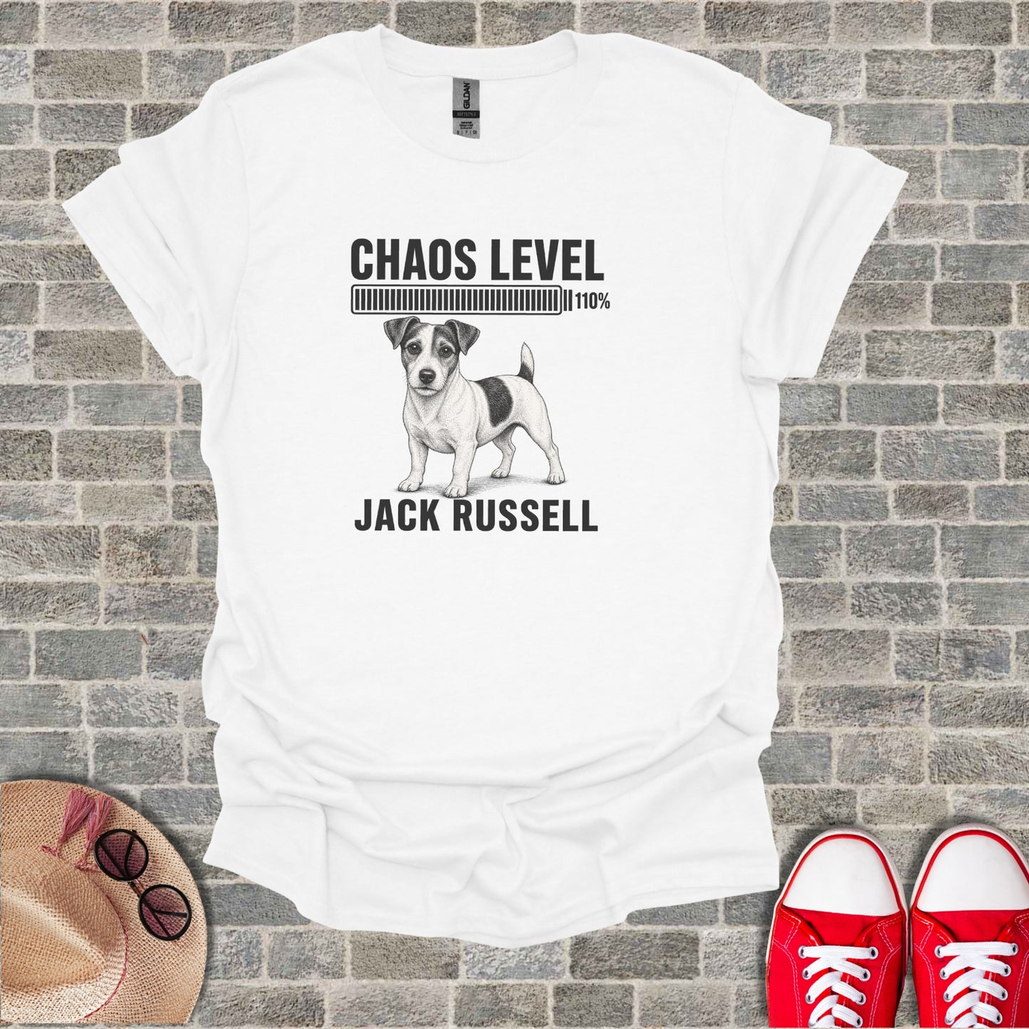 White t-shirt with Jack Russell dog graphic and text "CHAOS LEVEL 110% JACK RUSSELL".