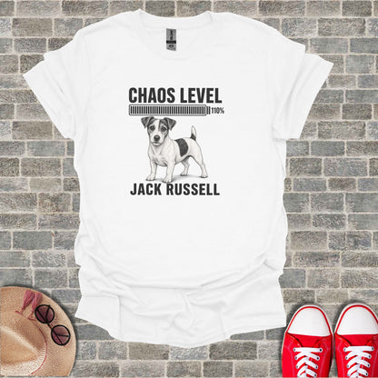 White t-shirt with Jack Russell dog graphic and text "CHAOS LEVEL 110% JACK RUSSELL".