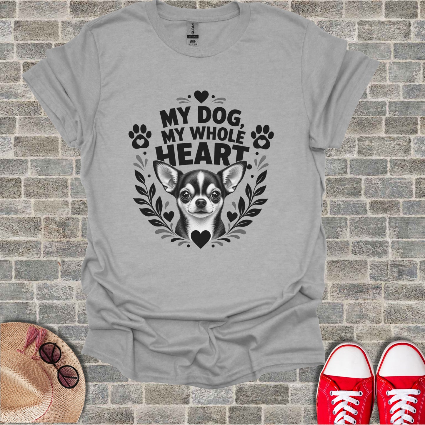 Chihuahua portrait with text "MY DOG, MY WHOLE HEART" on gray t-shirt.