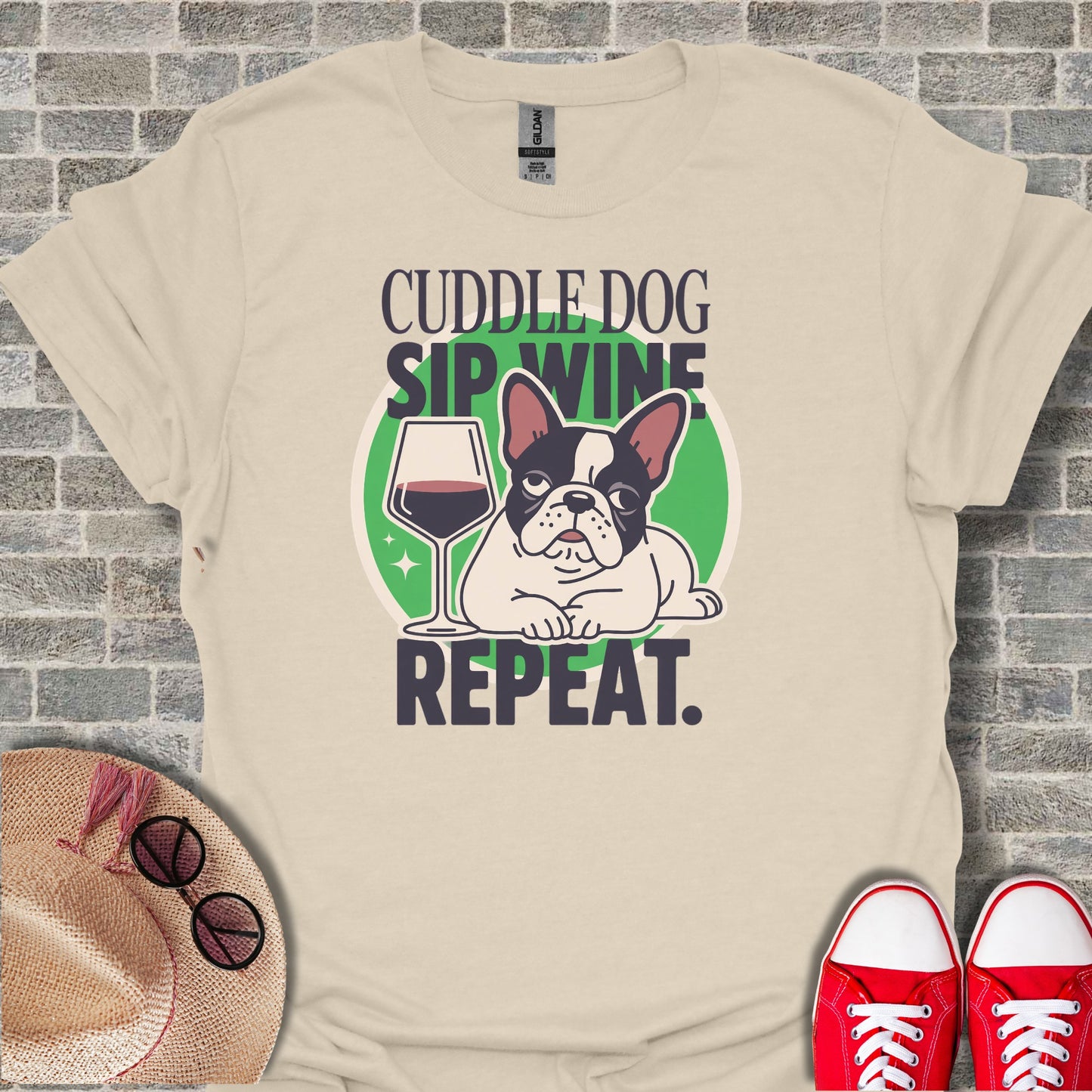 Cuddle Dog Sip Wine Repeat Graphic Tee Shirt