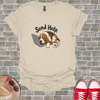 Basset hound sleeping on laptop with "Send Help" text and coffee mug.