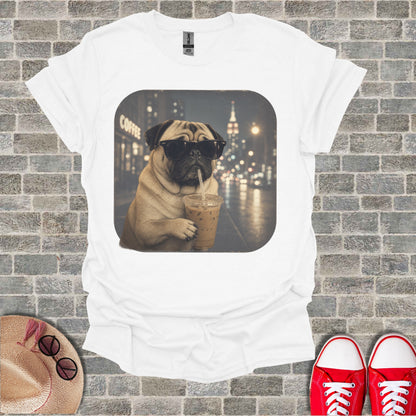 Pug wearing sunglasses drinks iced coffee in front of a city skyline.