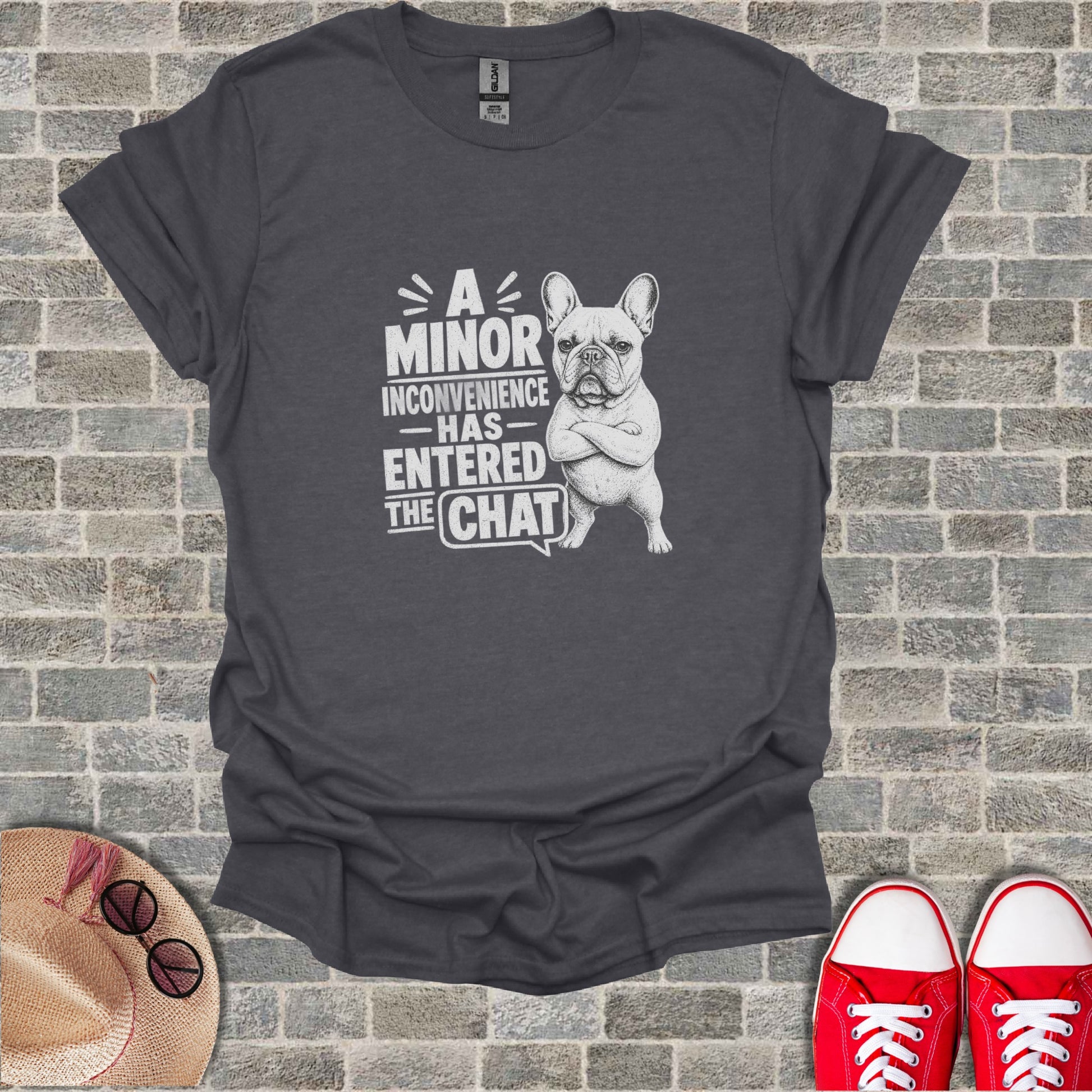 French bulldog with crossed arms, "A minor inconvenience has entered the chat."