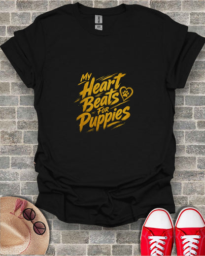 Black t-shirt with yellow text "My Heart Beats For Puppies".