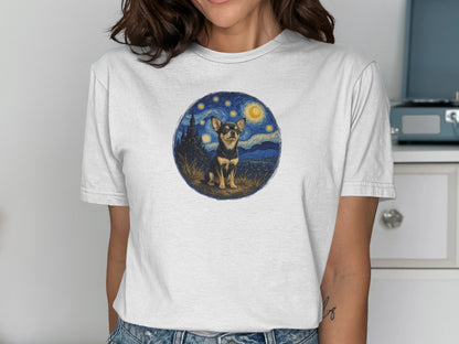 Chihuahua in a starry night landscape on a white t-shirt.