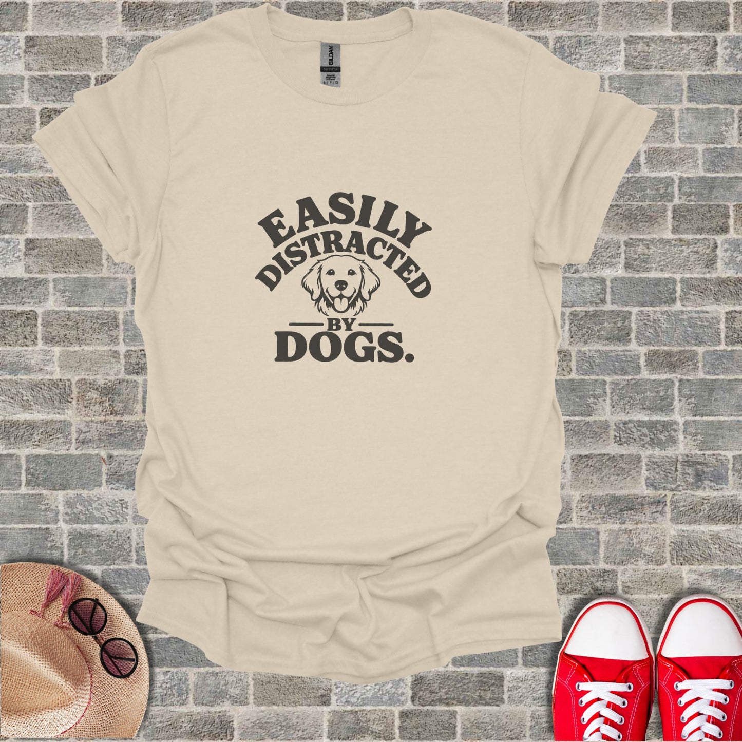 T-shirt with "Easily Distracted by Dogs" text and a dog silhouette.