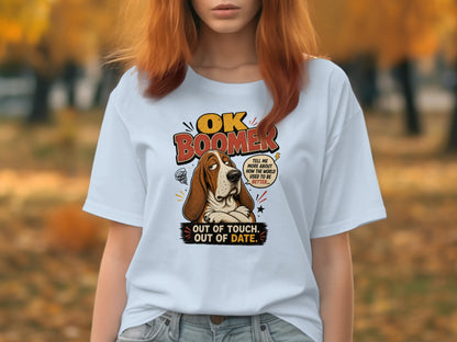 T-shirt with "OK BOOMER" and a dog expressing being out of touch.