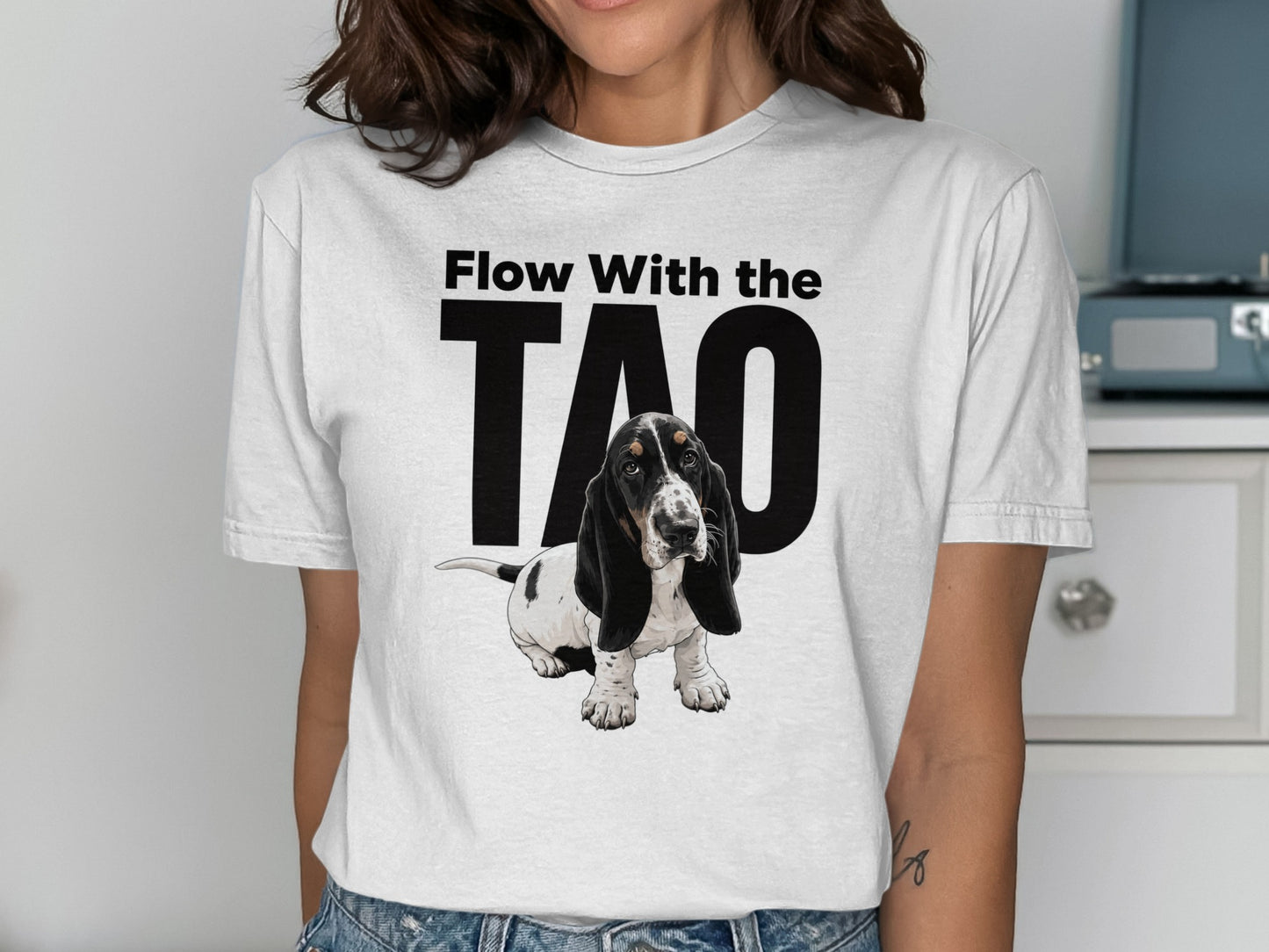 T-shirt with "Flow With The TAO" text and a Basset Hound puppy.